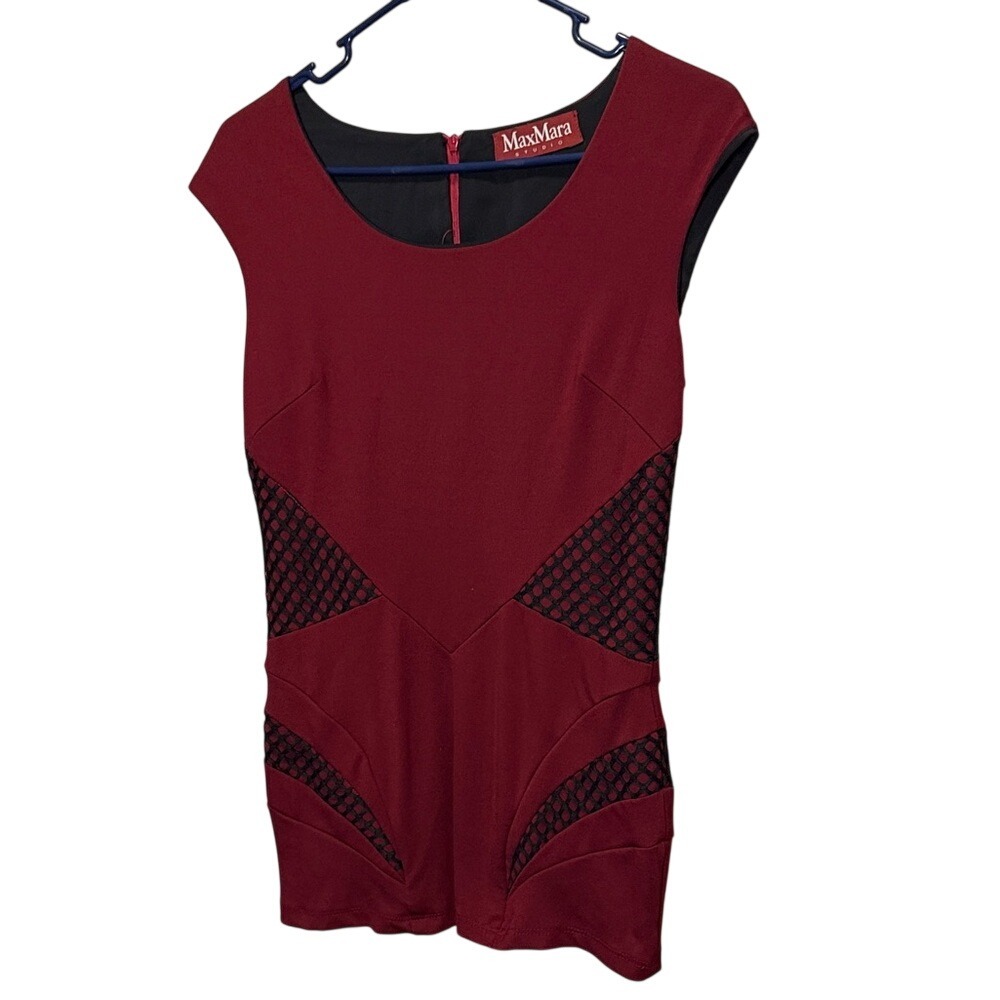 Max Mara Studio Burgundy 100% Silk Mesh Cut Out Sleeveless Top Red Designer